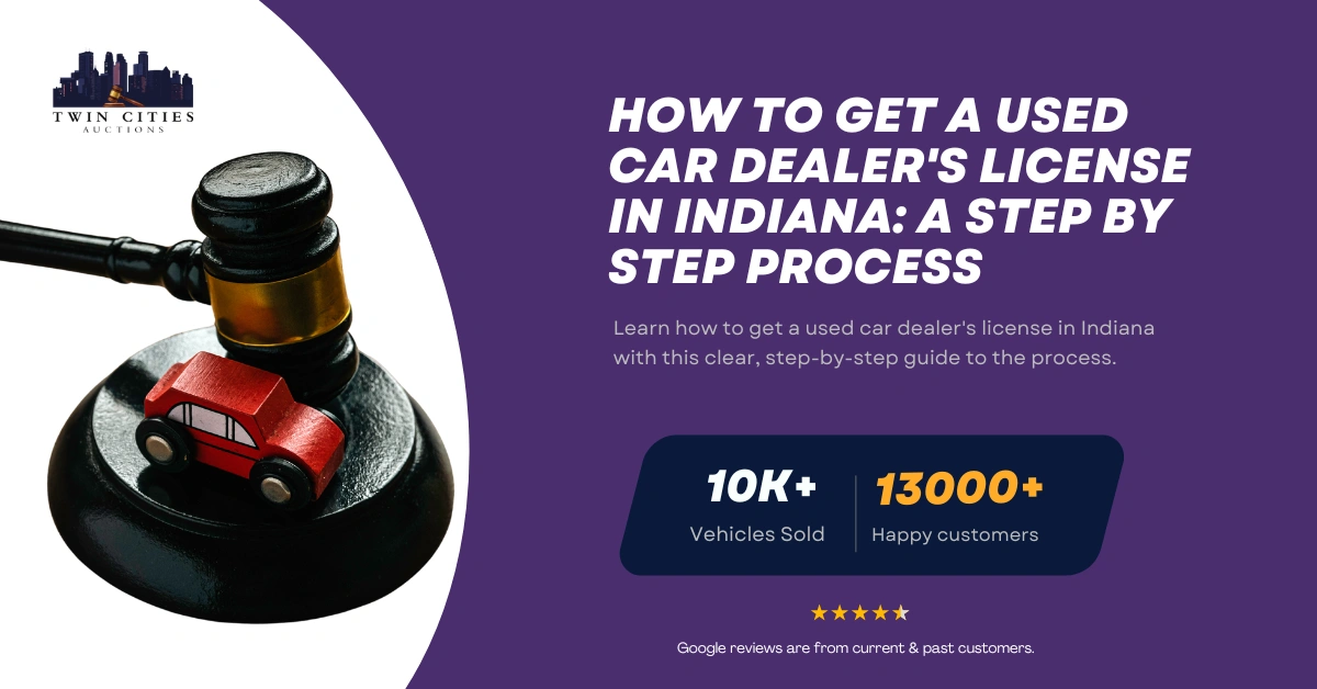 Gavel with toy car on base symbolizing auto auctions, alongside text about getting a used car dealer's license in Indiana.