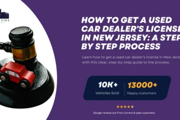 Gavel with toy car on base symbolizing auto auctions, alongside text about getting a used car dealer's license in New Jersey.