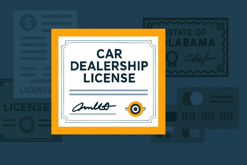 Ilustración de un certificado de licencia de concesionario de autos con documentos de fondo que hacen referencia al estado de Alabama.