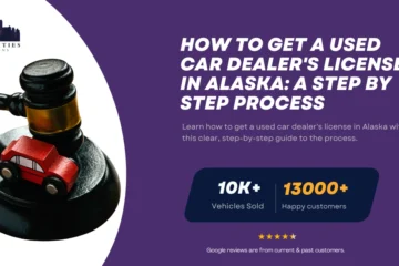 Gavel with toy car on base symbolizing auto auctions, alongside text about getting a used car dealer's license in Alaska.