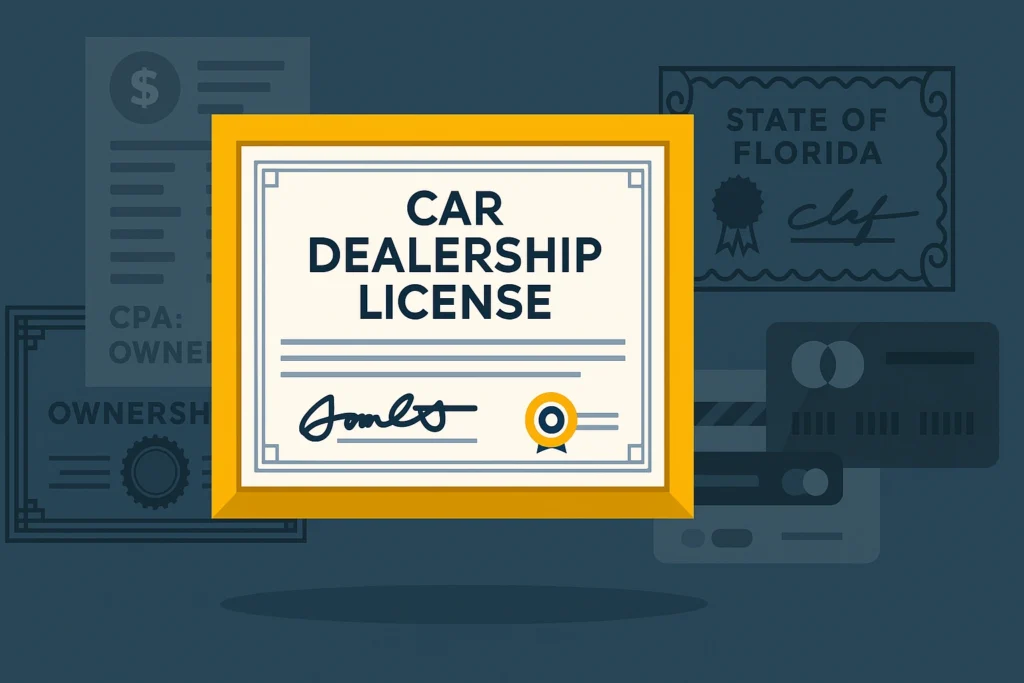 Illustration of a car dealership license certificate with background documents referencing the state of Florida.