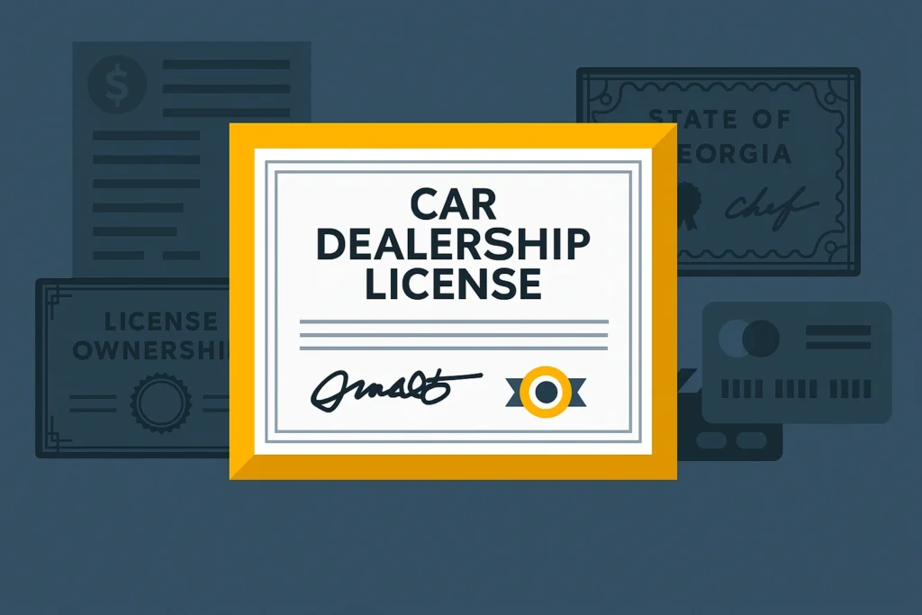 Illustration of a car dealership license certificate with background documents referencing the state of Georgia.