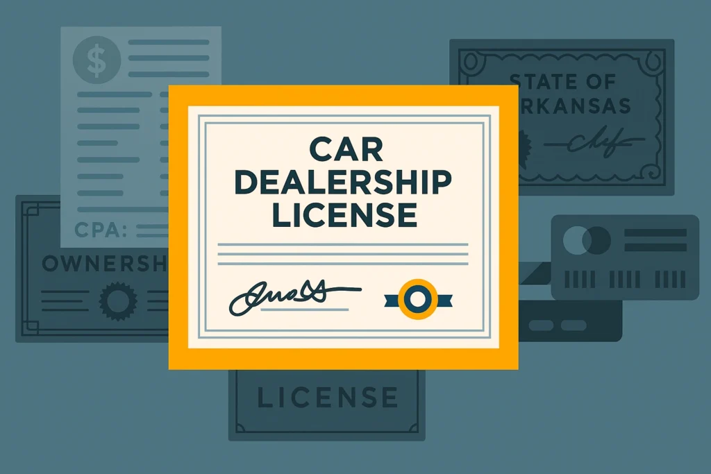 Illustration of a car dealership license certificate with background documents referencing the state of Arkansas.