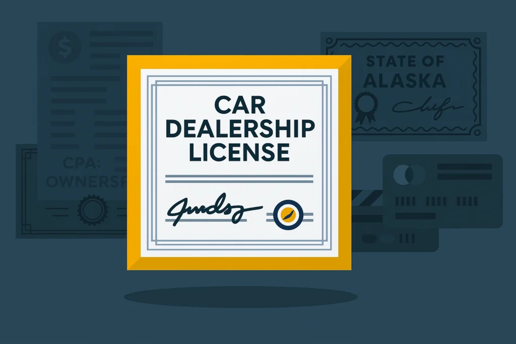 Illustration of a car dealership license certificate with background documents referencing the state of Alaska.