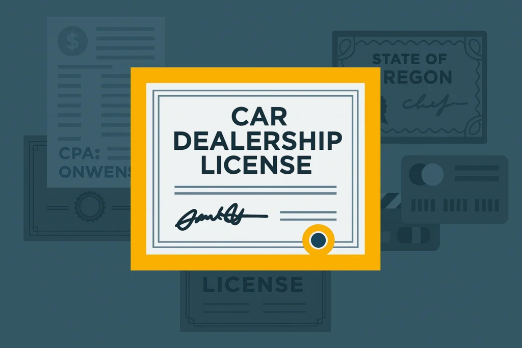 Illustration of a car dealership license certificate with background documents referencing the state of Oregon.