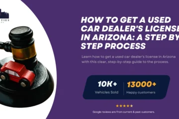 Gavel with toy car on base symbolizing auto auctions, alongside text about getting a used car dealer's license in Arizona.