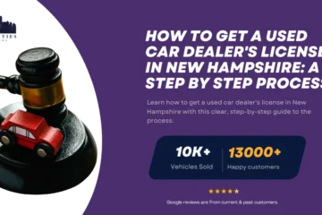 Gavel with toy car on base symbolizing auto auctions, alongside text about getting a used car dealer's license in New Hampshire.
