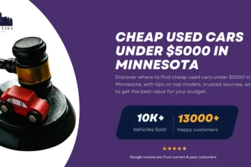 Guide on finding cheap used cars under $5000 in Minnesota, featuring a gavel with a toy car and Twin Cities Auctions branding.
