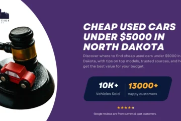 Guide on finding cheap used cars under $5,000 in North Dakota, featuring a gavel with a toy car and Twin Cities Auctions branding.