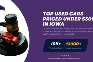 Guide on finding cheap used cars under $3,000 in Iowa, featuring a gavel with a toy car and Twin Cities Auctions branding.