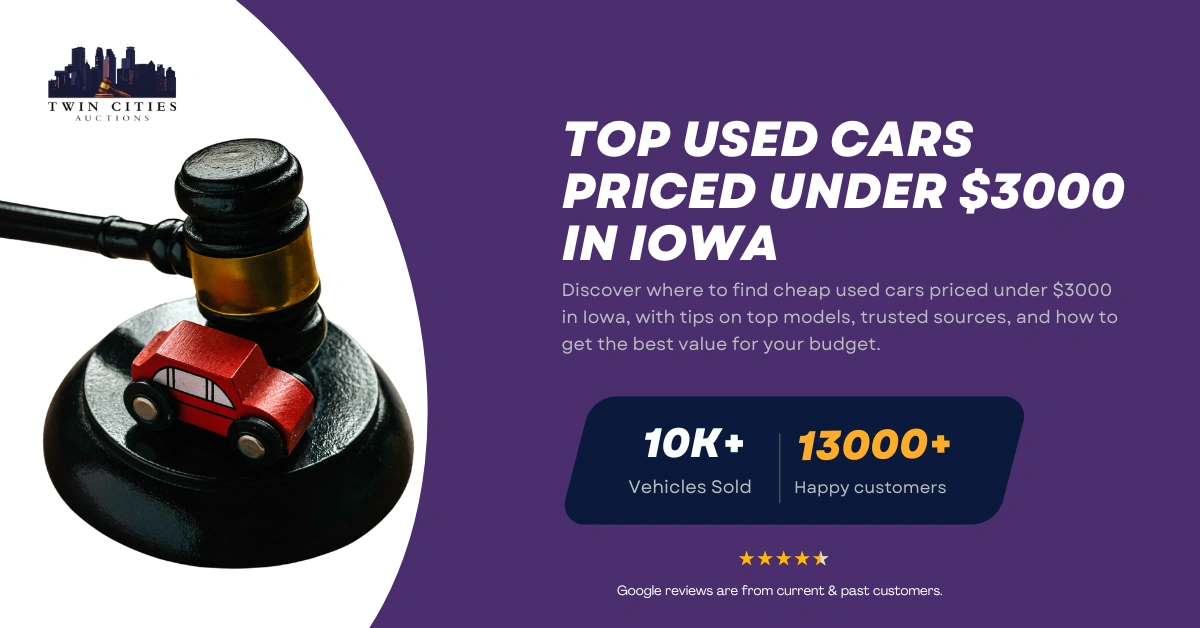 Guide on finding cheap used cars under $3,000 in Iowa, featuring a gavel with a toy car and Twin Cities Auctions branding.
