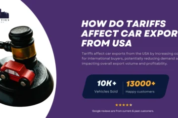 Gavel with toy car next to text explaining how tariffs impact car exports from the USA, presented by Twin Cities Auctions.