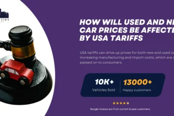 Gavel with toy car next to text discussing how U.S. tariffs impact used and new car prices, featured by Twin Cities Auctions.