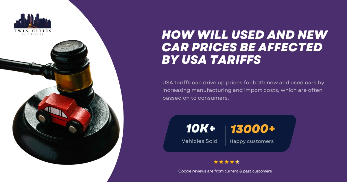 Gavel with toy car next to text discussing how U.S. tariffs impact used and new car prices, featured by Twin Cities Auctions.