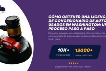 Mazo judicial con un auto de juguete rojo sobre fondo morado junto al texto sobre licencias de concesionario en Mazo judicial con un auto de juguete rojo sobre fondo morado junto al texto sobre licencias de concesionario en Washington.