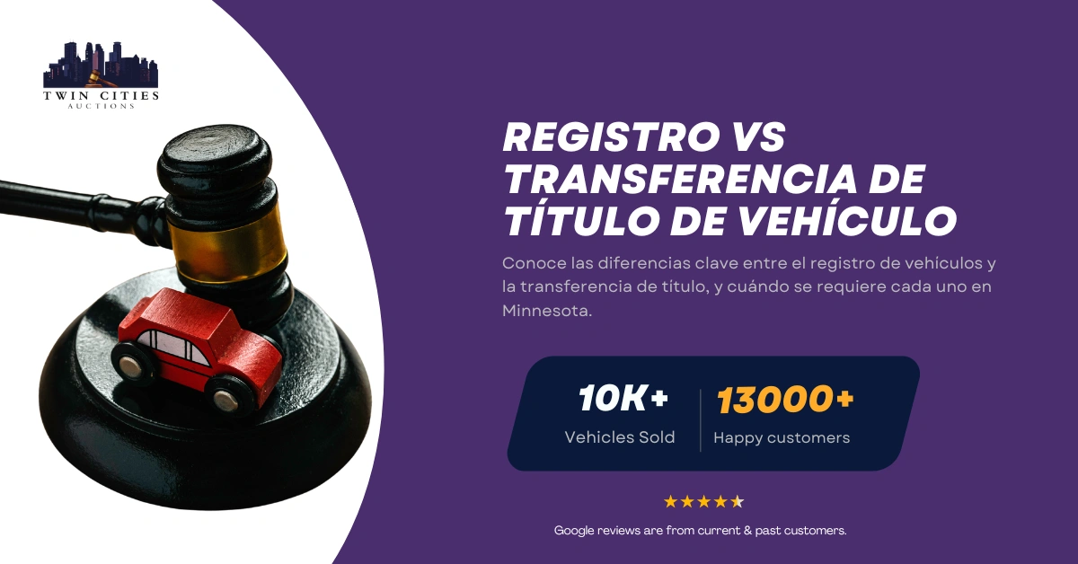 Mazo con auto de juguete junto a texto sobre las diferencias entre registro y transferencia de título de vehículo en Minnesota.