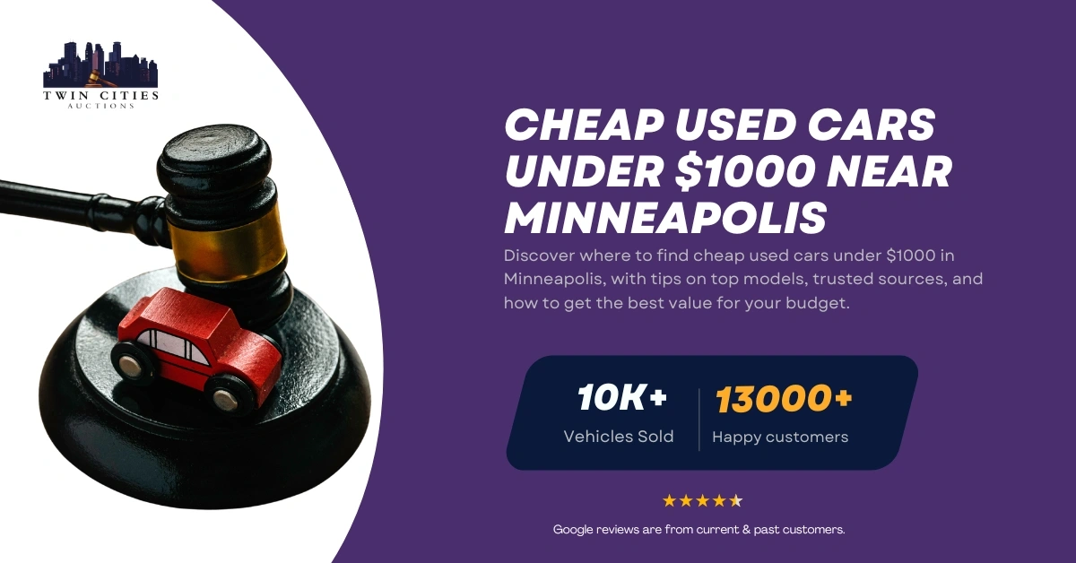 Guide on finding cheap used cars under $1000 in Minneapolis, featuring a gavel with a toy car and Twin Cities Auctions branding.