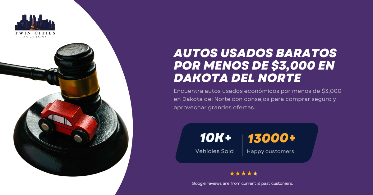Mazo con auto de juguete junto a texto sobre autos usados baratos por menos de $3,000 en Dakota del Norte.