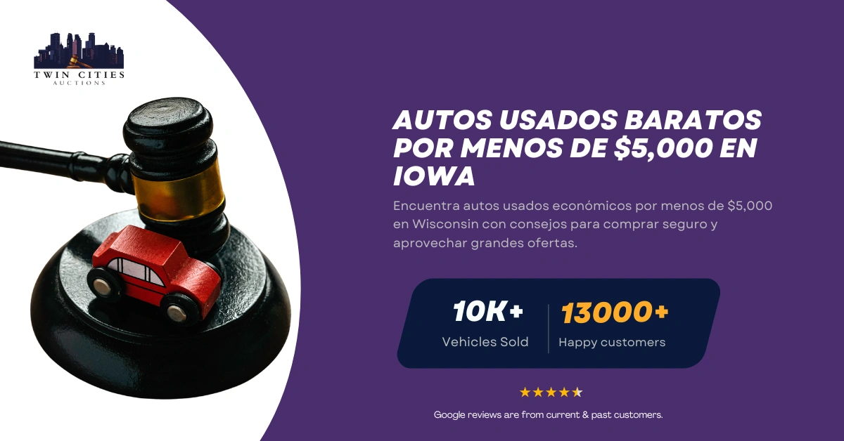 Mazo con auto de juguete junto a texto sobre autos usados baratos por menos de $5,000 en Iowa.