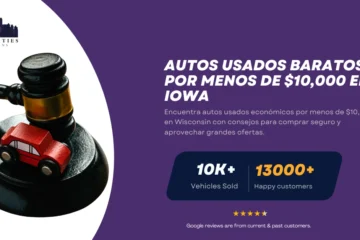 Mazo con auto de juguete junto a texto sobre autos usados baratos por menos de $10,000 en Iowa.