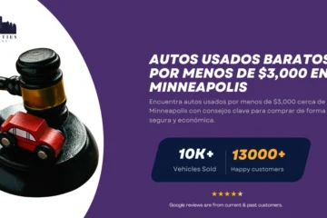 Mazo con auto de juguete junto a texto sobre autos usados baratos por menos de $3,000 en Minneapolis.