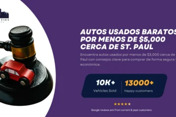Mazo con auto de juguete junto a texto sobre autos usados baratos por menos de $3,000 en St. Paul.