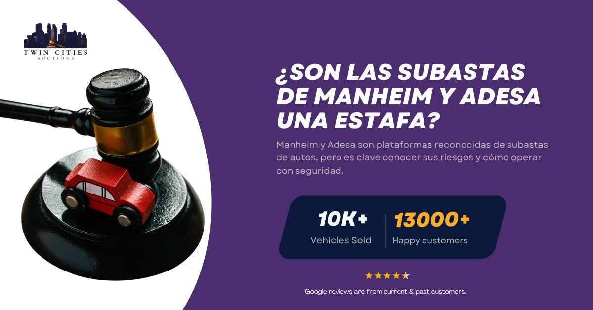 Mazo con auto de juguete junto a texto sobre si las subastas de Manheim y Adesa son confiables o una estafa.