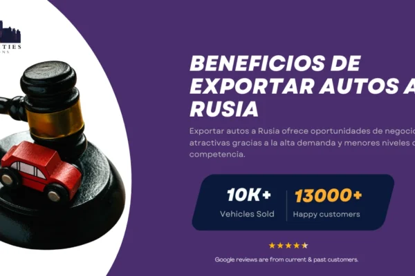 Mazo con auto de juguete junto a texto sobre beneficios de exportar autos a Rusia.