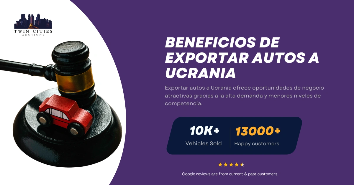 Mazo con auto de juguete junto a texto sobre beneficios de exportar autos a Ucrania.