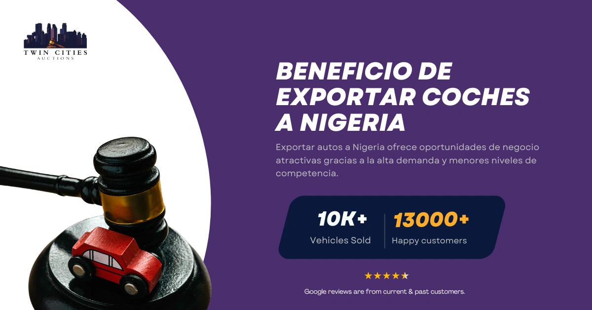 Mazo con auto de juguete junto a texto sobre beneficios de exportar autos a Nigeria.