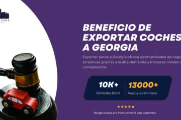 Mazo con auto de juguete junto a texto sobre beneficios de exportar autos a Georgia.