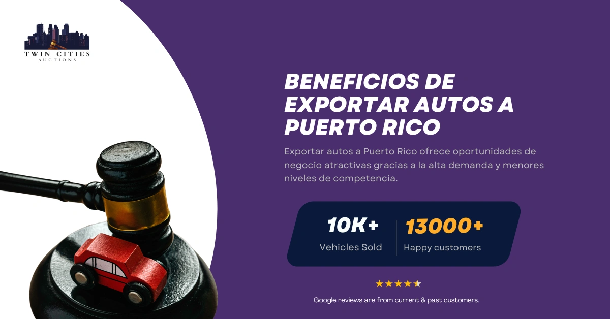 Mazo con auto de juguete junto a texto sobre beneficios de exportar autos a Puerto Rico.