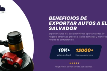 Mazo con auto de juguete junto a texto sobre beneficios de exportar autos a El Salvador.