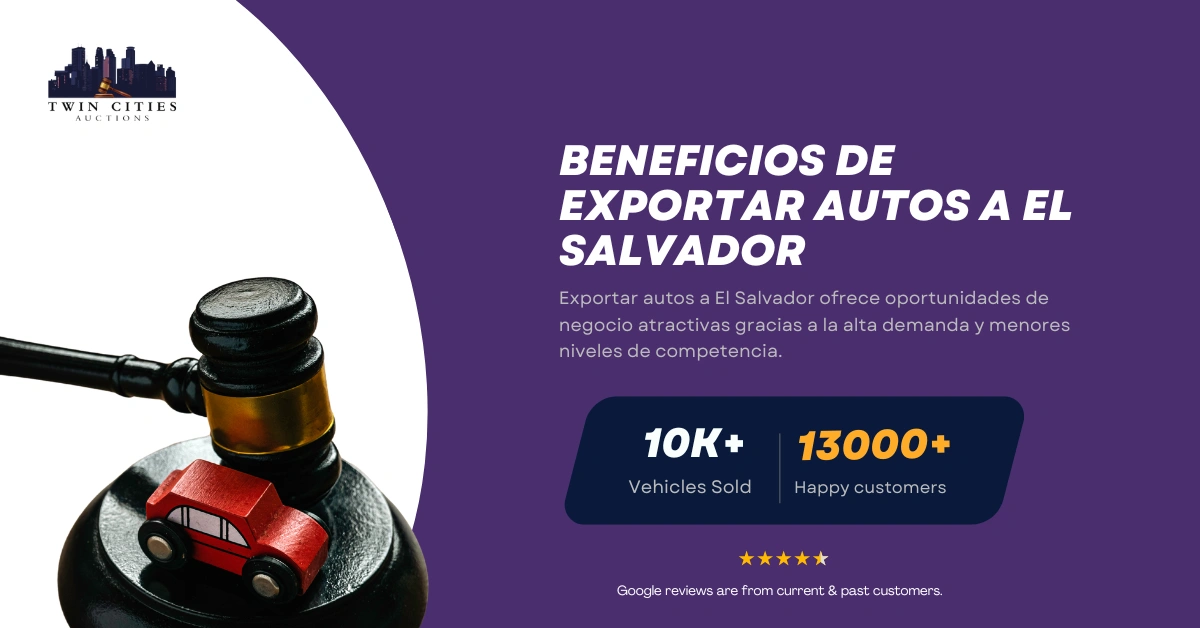 Mazo con auto de juguete junto a texto sobre beneficios de exportar autos a El Salvador.
