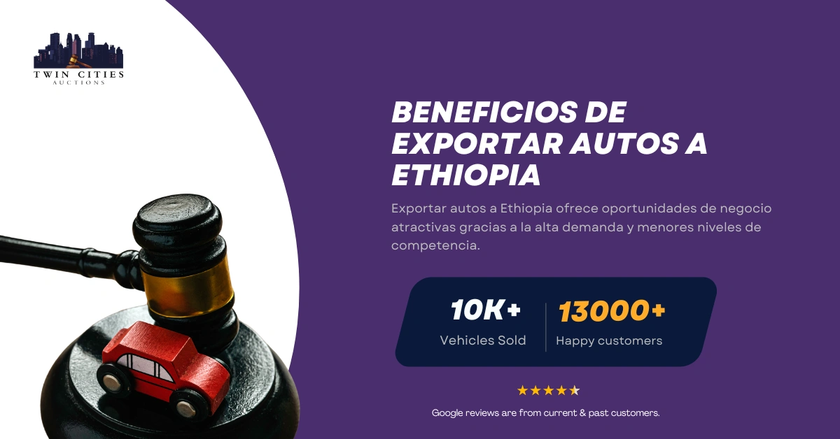 Mazo con auto de juguete junto a texto sobre beneficios de exportar autos a Etiopia.