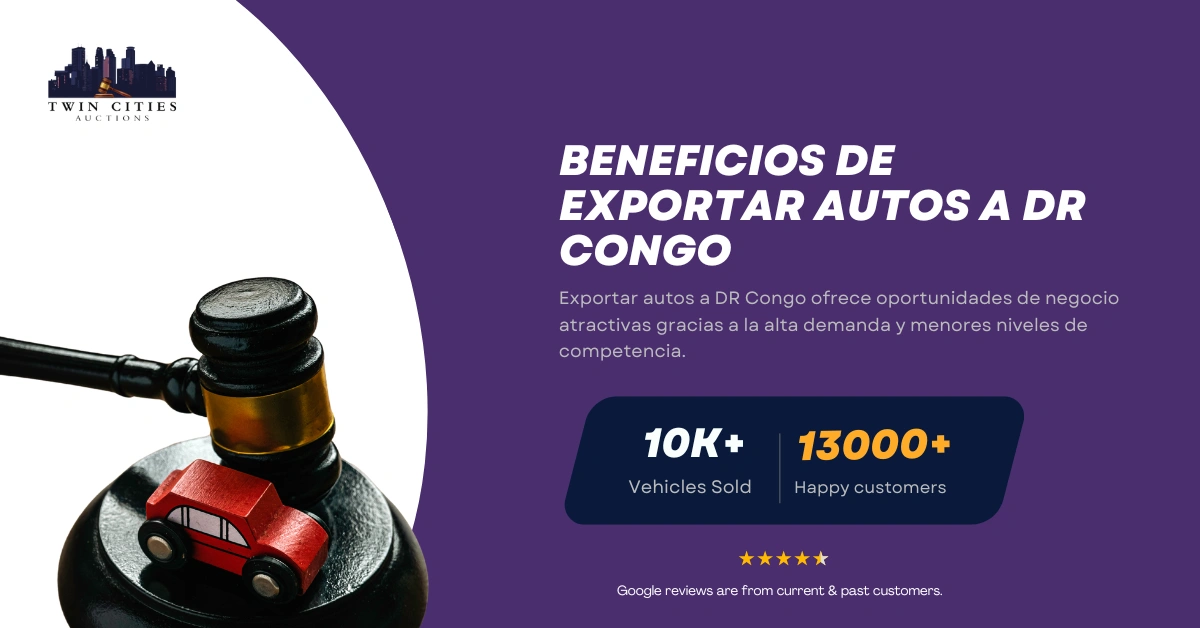 Mazo con auto de juguete junto a texto sobre beneficios de exportar autos a DR Congo.