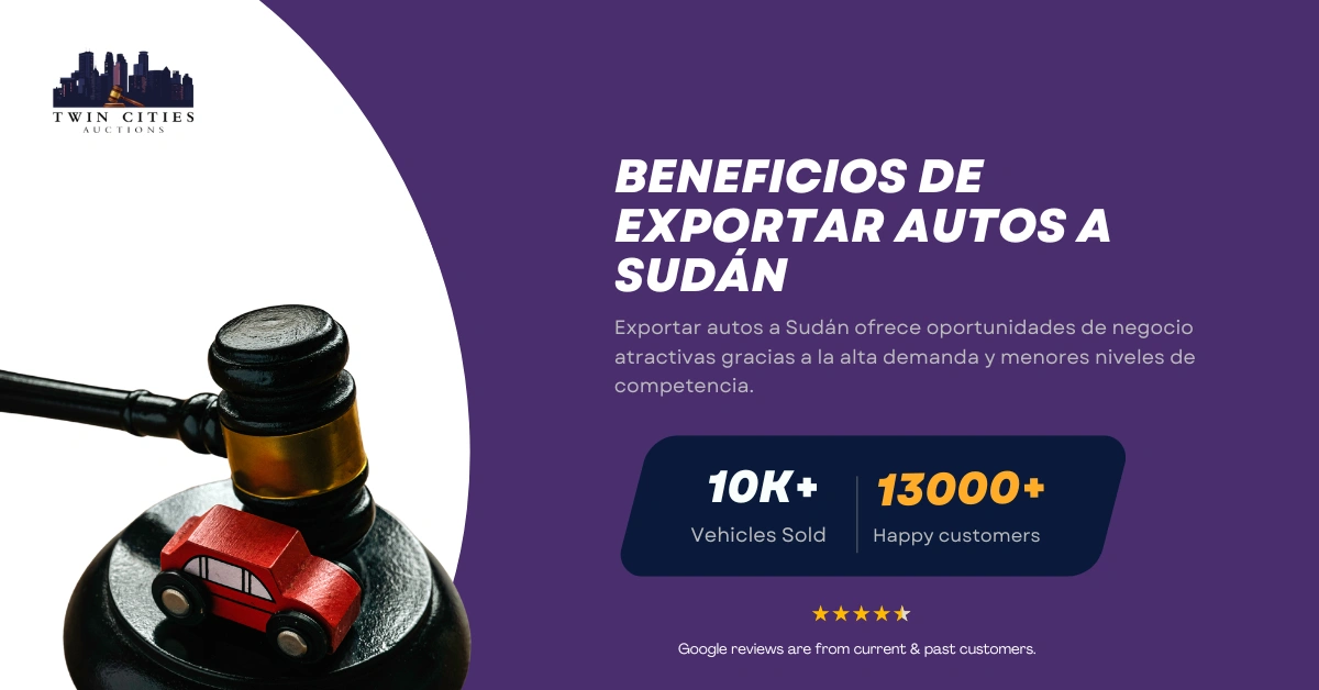 Mazo con auto de juguete junto a texto sobre beneficios de exportar autos a Sudan.
