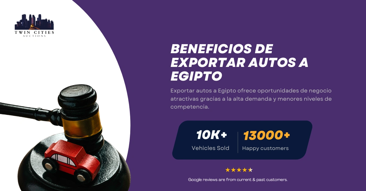Mazo con auto de juguete junto a texto sobre beneficios de exportar autos a Egipto.