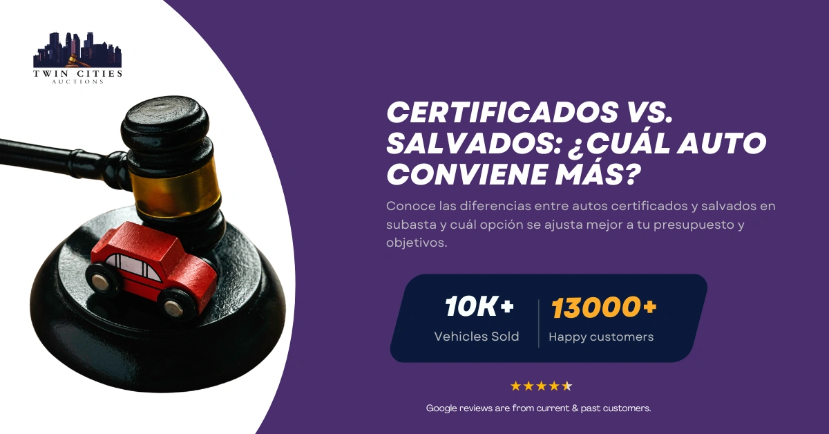 Mazo con auto de juguete junto a texto sobre autos certificados vs. salvados en subasta y cuál conviene más según tu presupuesto.