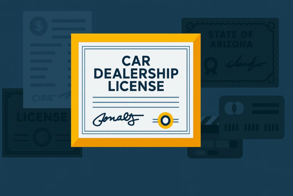 Illustration of a car dealership license certificate with background documents referencing the state of Arizona.