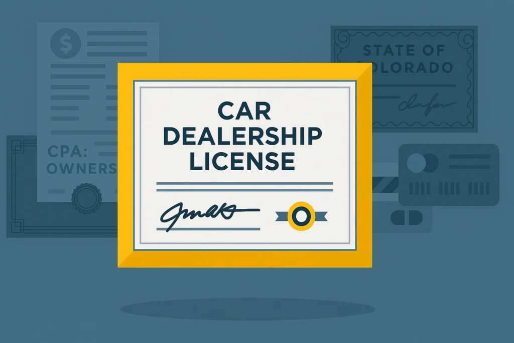 Illustration of a car dealership license certificate with background documents referencing the state of Colorado.
