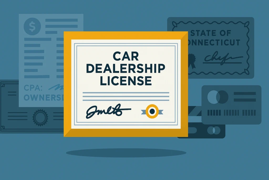 Illustration of a car dealership license certificate with background documents referencing the state of Connecticut.