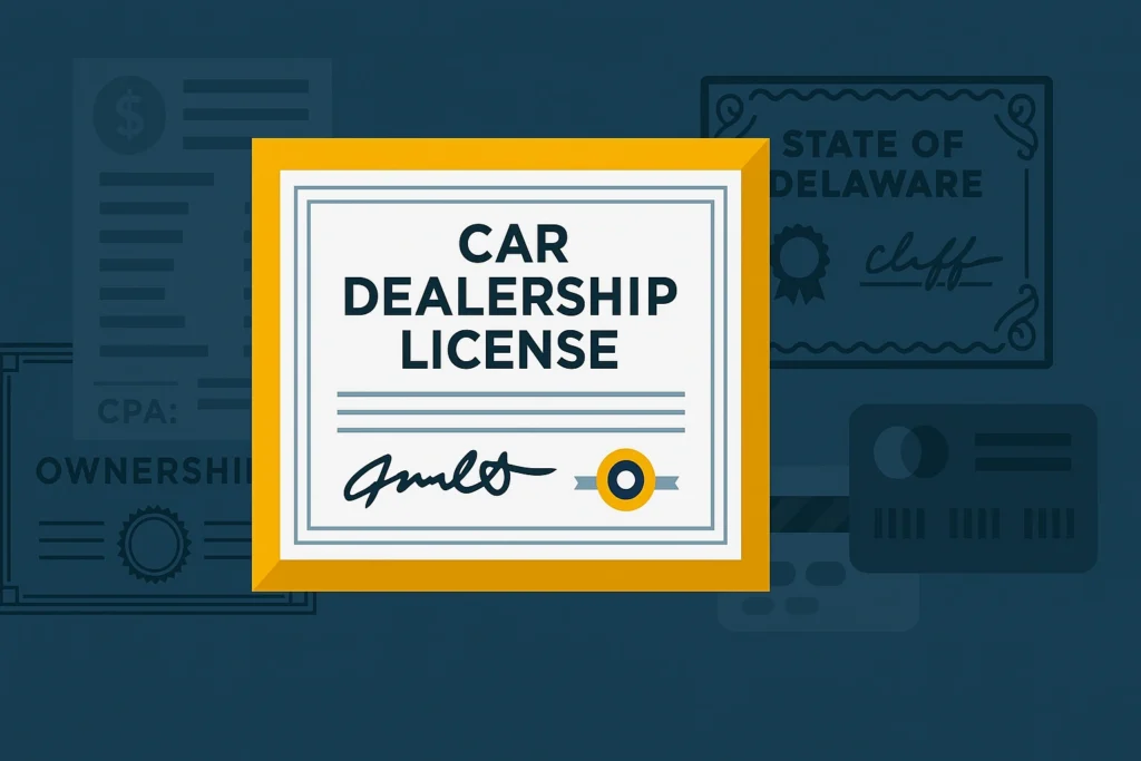 Illustration of a car dealership license certificate with background documents referencing the state of Delaware.