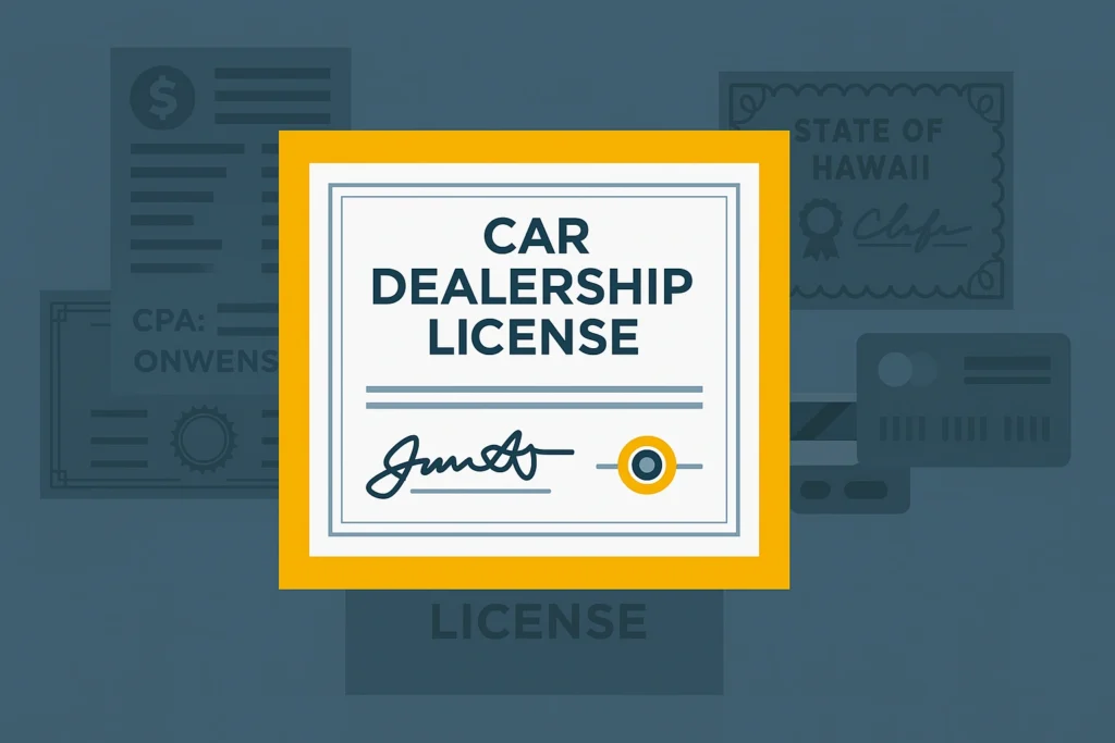 Illustration of a car dealership license certificate with background documents referencing the state of Hawaii.