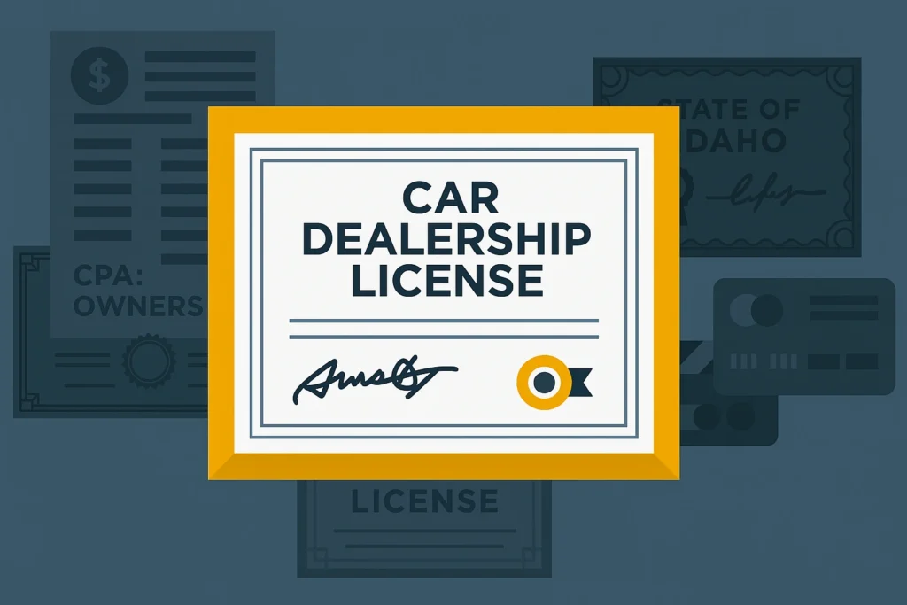 Illustration of a car dealership license certificate with background documents referencing the state of Idaho.
