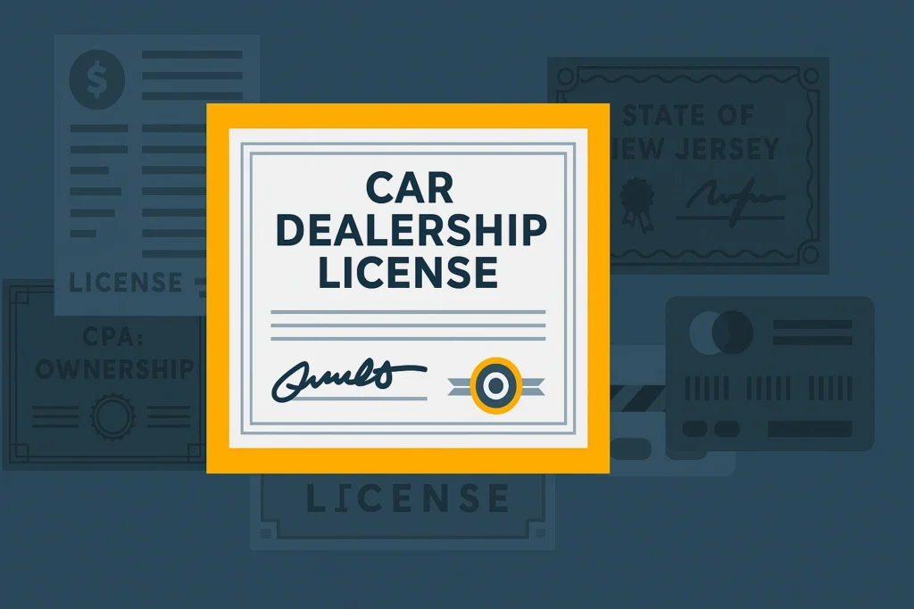 Ilustración de un certificado de licencia de concesionario de autos con documentos de fondo que hacen referencia al estado de New Jersey.