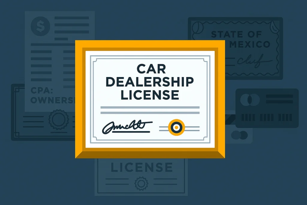 Ilustración de un certificado de licencia de concesionario de autos con documentos de fondo que hacen referencia al estado de Nuevo. México