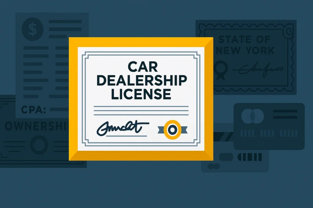 Ilustración de un certificado de licencia de concesionario de autos con documentos de fondo que hacen referencia al estado de Nueva York.
