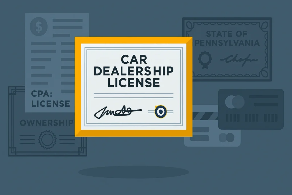 Ilustración de un certificado de licencia de concesionario de autos con documentos de fondo que hacen referencia al estado de Pennsylvania.