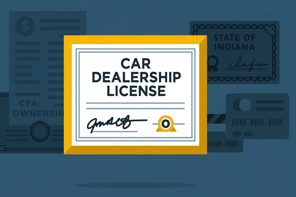 Illustration of a car dealership license certificate with background documents referencing the state of Indiana.